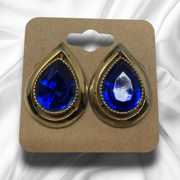 Vintage 1980's Oversized Earrings Blue Crystal Teardrop Gold Tone Pierced Mogul - Picture 6 of 6